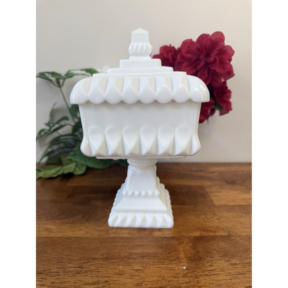 Vintage‎ Milk Glass Pedestal Candy Dish with Lid – Diamond Point Pattern